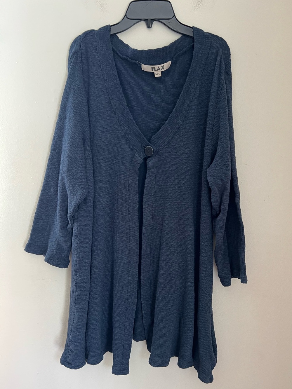 FLAX Cotton Slub Knit One Button Front Cardigan Women’s M/L (10-18) Blue Sweater